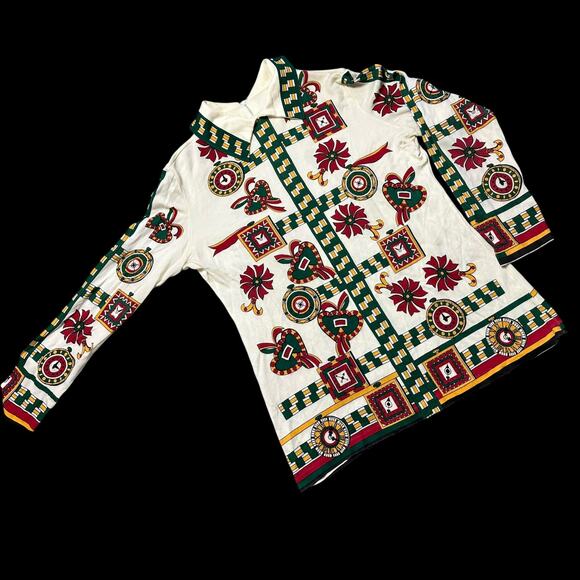 Vintage Tops - Vintage 70s Psychedelic Novelty Print Shirt Zip Front Mod Floral Clock Women’s L